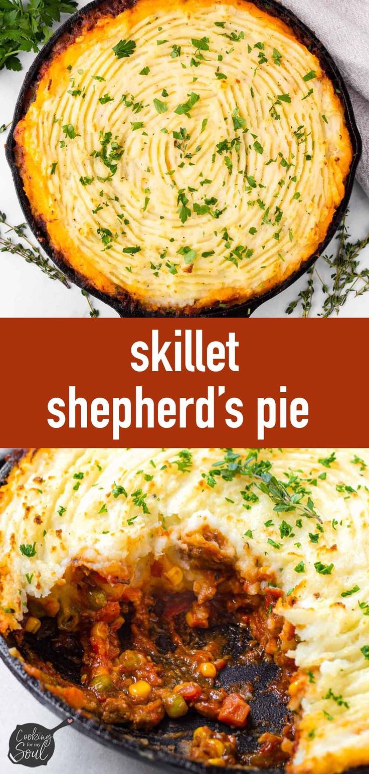 skillet shepherdd's pie in a cast iron pan with text overlay