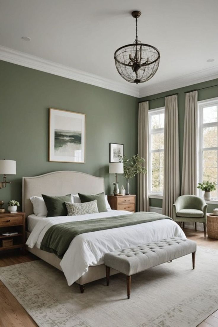 Colors For Master Room, Color Of Room Bedrooms, Light Olive Green Walls Bedroom, Color For Home Wall, Room Decor For Green Walls, Sage Green Wall Color Bedroom, Home Colors Ideas, Green Wall For Bedroom, Olive Room Ideas