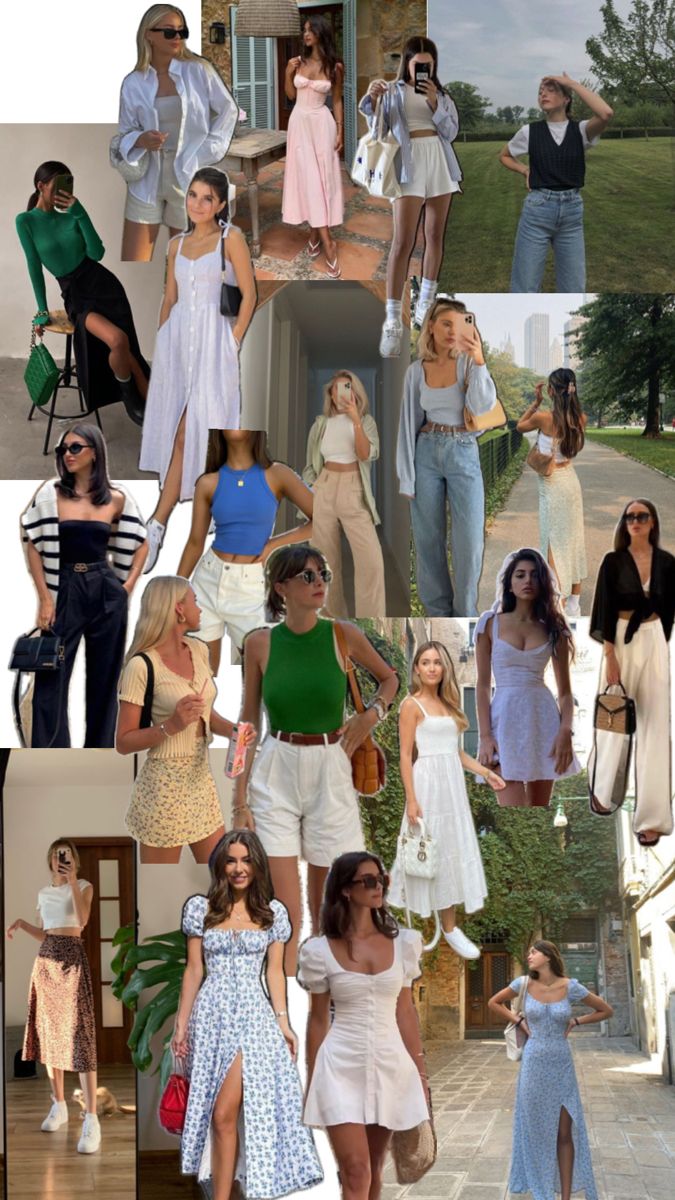 the collage shows many different types of women in dresses and shoes, with one woman wearing