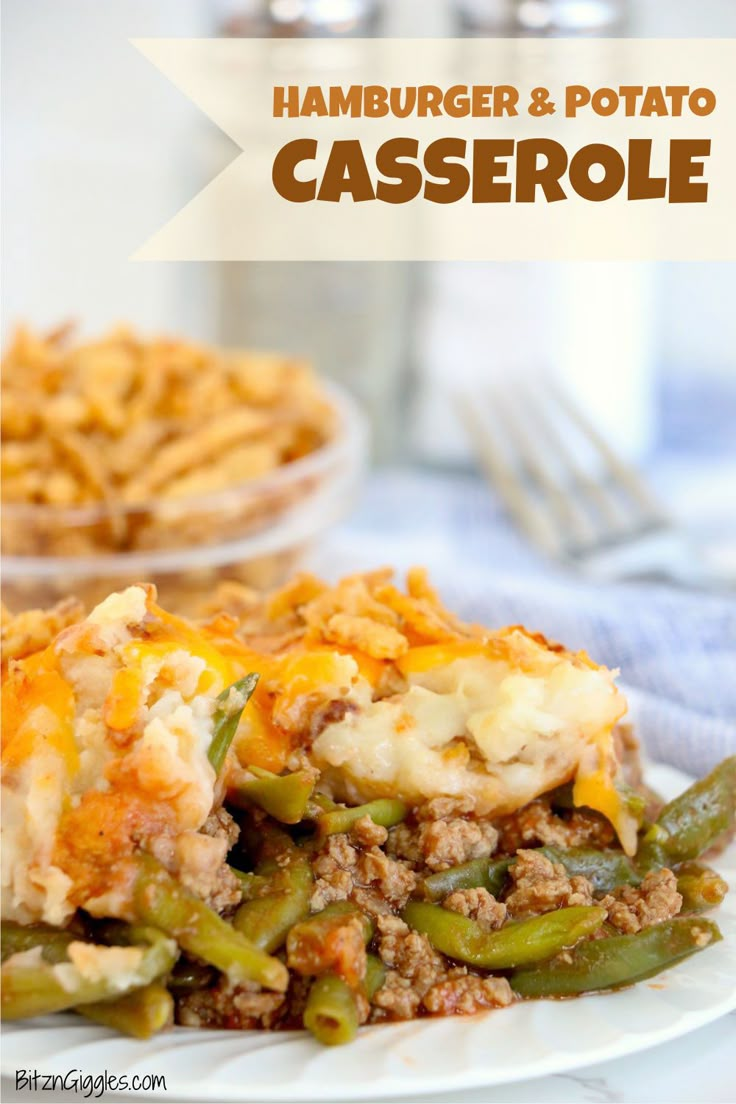 hamburger and potato casserole on a white plate