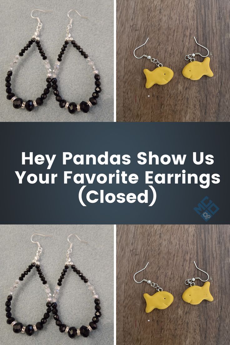 three pictures with the words hey pandas show us your favorite earrings closed