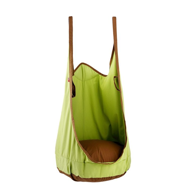 a green bag hanging from the side with a brown pillow in it's center