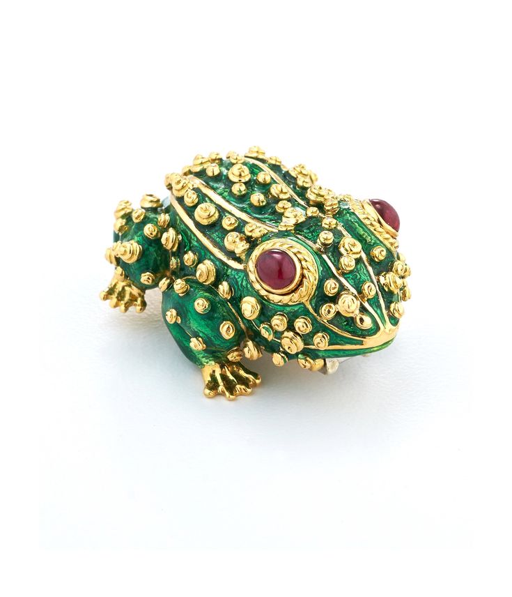 Cabochon rubies, green enamel, and 18K gold Luxury Enamel Pin For Formal Occasions, Luxury Green Brooch For Formal Occasions, Yellow Gold Cabochon Brooches For Gifts, Handmade Green Brooches For Formal Occasions, Handmade Green Brooch For Formal Occasions, Traditional Green Brooch Jewelry, Elegant Green Enamel Pin For Gift, Yellow Gold Enamel Brooches For Gifts, Elegant Green Enamel Pin Gift