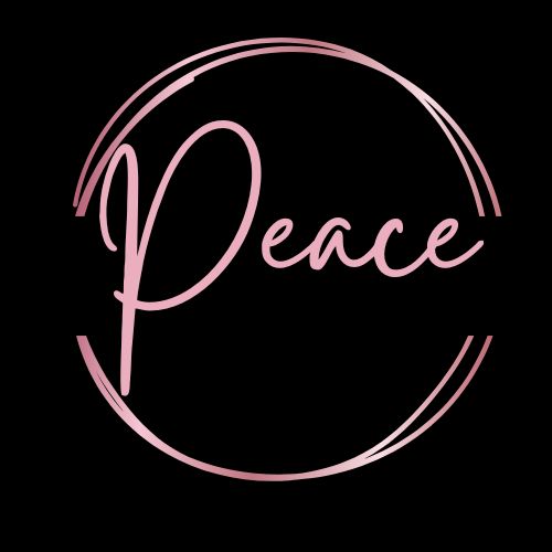 the word peace is written in pink on a black background with a circle around it