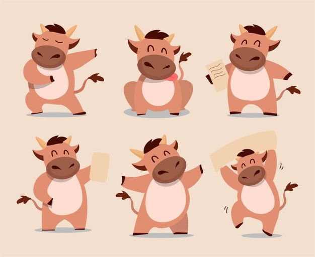 a cartoon cow with different poses and expressions on his face, arms and legs in various positions