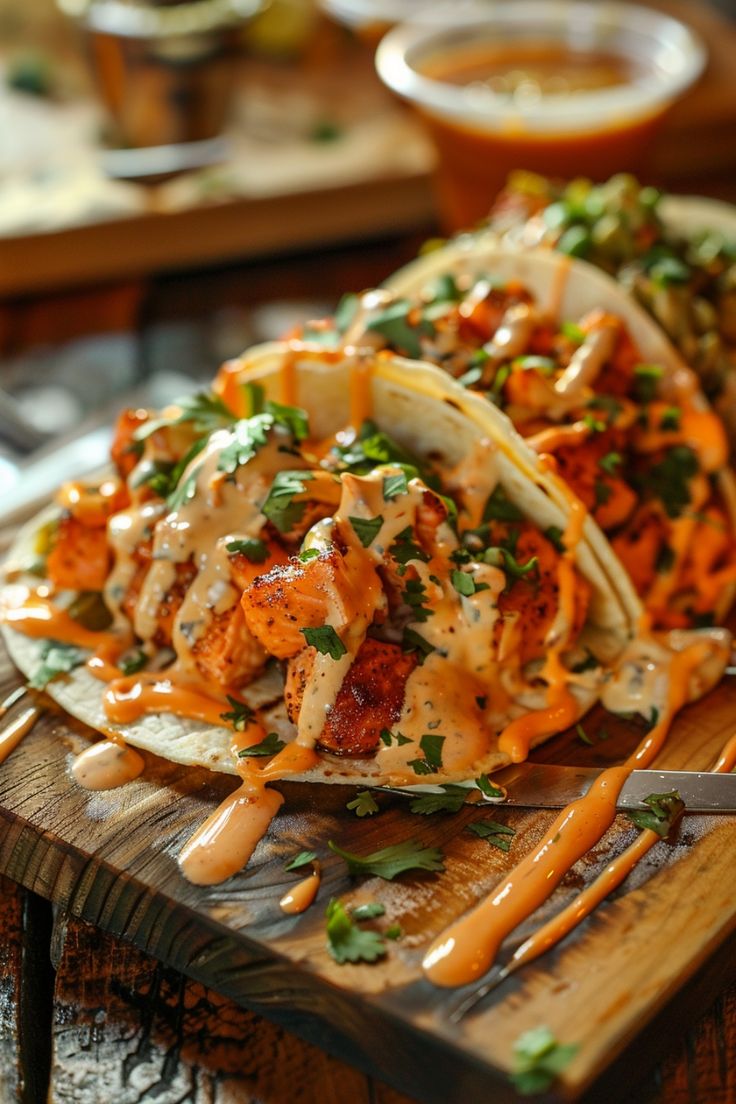 two tacos are sitting on a cutting board with utensils next to them