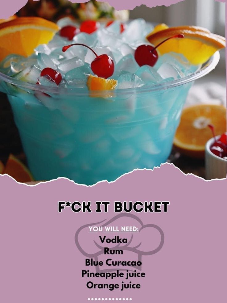 an advertisement for a blue curacco punch with orange slices and cherries on the rim