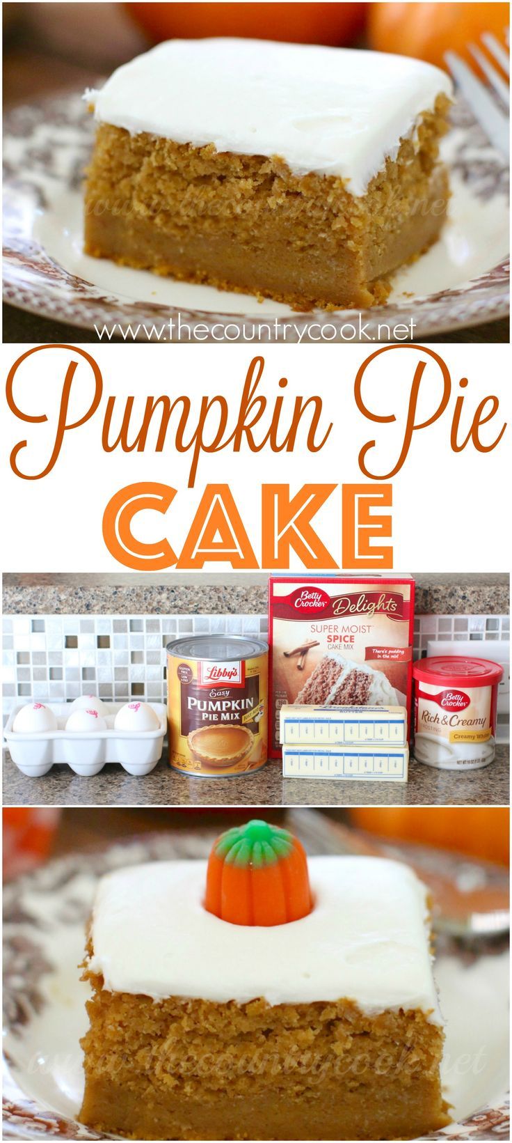 pumpkin pie cake with white frosting on top and an orange pumpkin in the middle