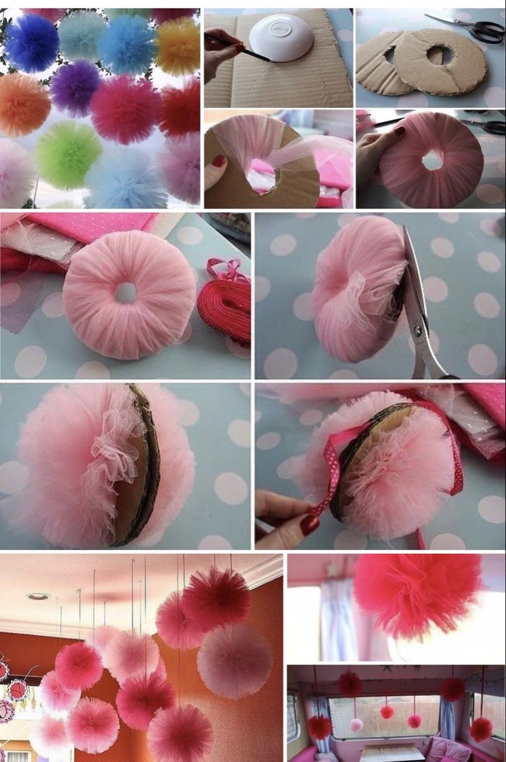 pink and blue decor is displayed in this collage, including pom - poms