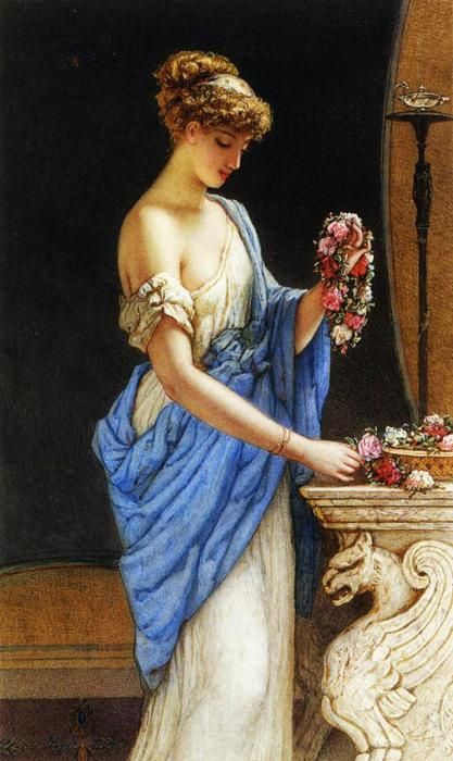 a painting of a woman arranging flowers in a vase