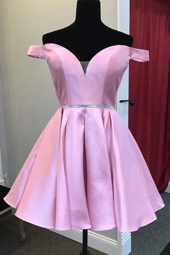 A-Line Off the Shoulder Pink Homecoming Dresses With Beaded Waist Pink Homecoming Dresses, Professional Dress, Pink Homecoming, Elegant Prom, Pink Homecoming Dress, Satin Short, Short Homecoming Dress, A Line Shorts, فستان سهرة