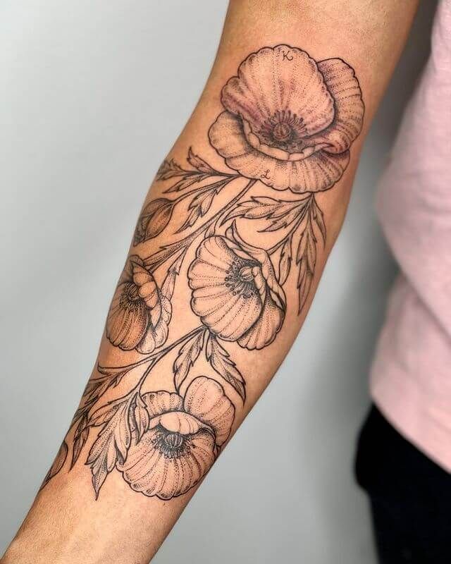 Poppy tattoo Poppy Bunch Tattoo, Shaded Poppy Tattoo, Poppy Ankle Tattoo, Black And White Poppy Tattoo, Poppy Shoulder Tattoo, Poppy Seed Tattoo, Poppy Flower Aesthetic, Poppy Tattoo Sleeve, Black Poppy Tattoo