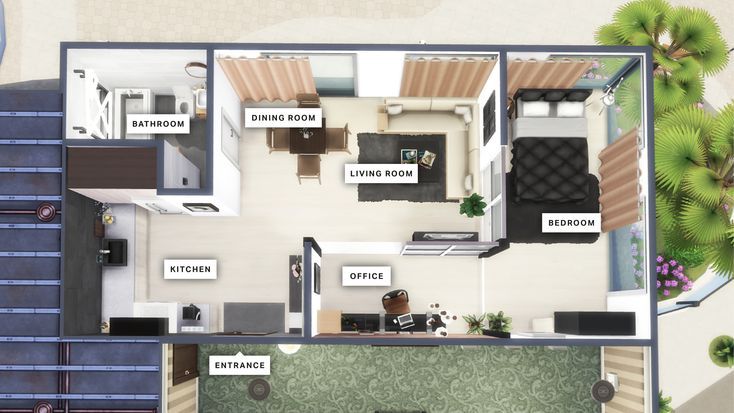 an aerial view of a house with the kitchen and living room in one floor plan