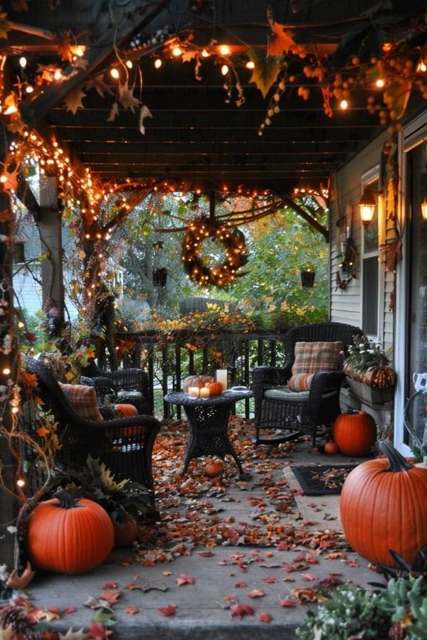 an outdoor patio decorated for halloween with pumpkins and lights