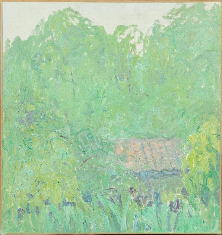 an oil painting of trees and grass in front of a house