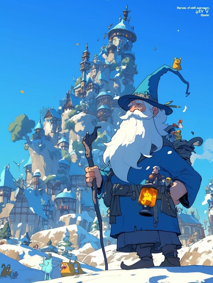 an animated wizard holding a staff in front of a snowy mountain with lots of buildings