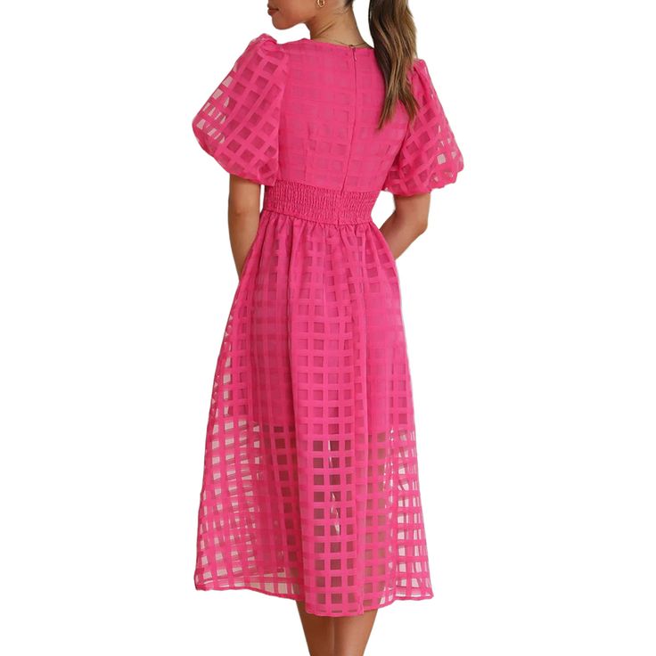 Rose V Neck Puff Sleeve Casual Party Dress Pink Spring Party Midi Dress, Summer Party Midi Dress With Puff Sleeves, Pink Short Sleeve Midi Dress For Party, Pink Puff Sleeve Dress For Party Season, Summer Pink Midi Dress For Wedding Guest, Pink Midi Dress For Summer Wedding Guest, Pink Knee-length Midi Dress For Party, Pink Midi Dress For Wedding Guest During Party Season, Summer Wedding Guest Pink Midi Dress