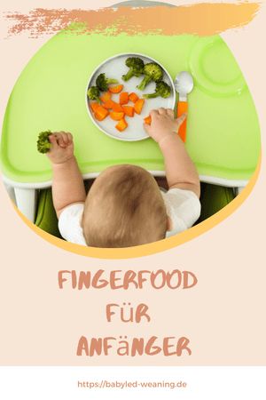 a baby is sitting at a table eating broccoli and carrots with the words fingerfood fur anhanger