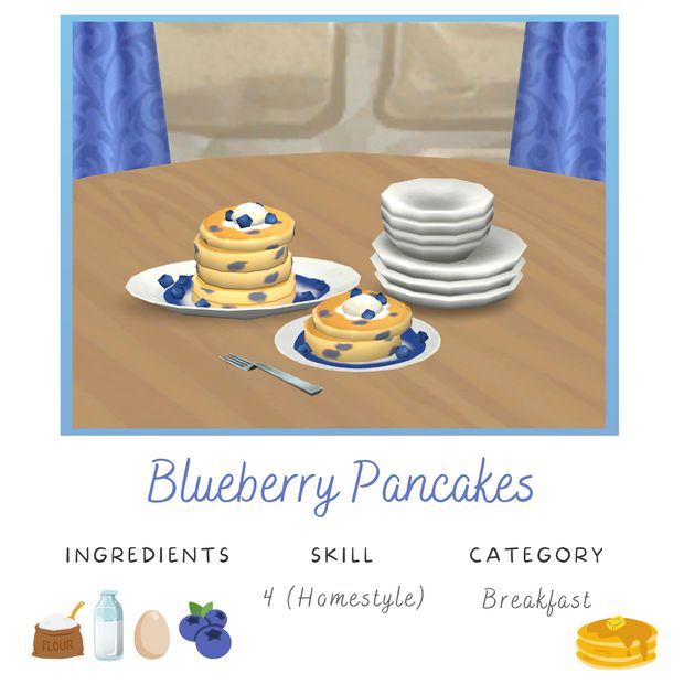 the blueberry pancakes are arranged on plates