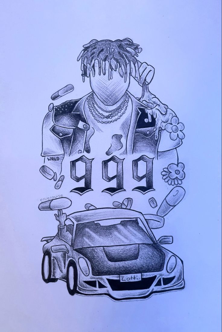 Rappers Tattoos Ideas, Juice World Drawings, Rapper Art Drawing, Juice Wrld Fan Art, Rap Tattoo Ideas, Thug Drawings, Juice Wrld Drawing, Rapper Drawings, Juice Wrld Tattoos