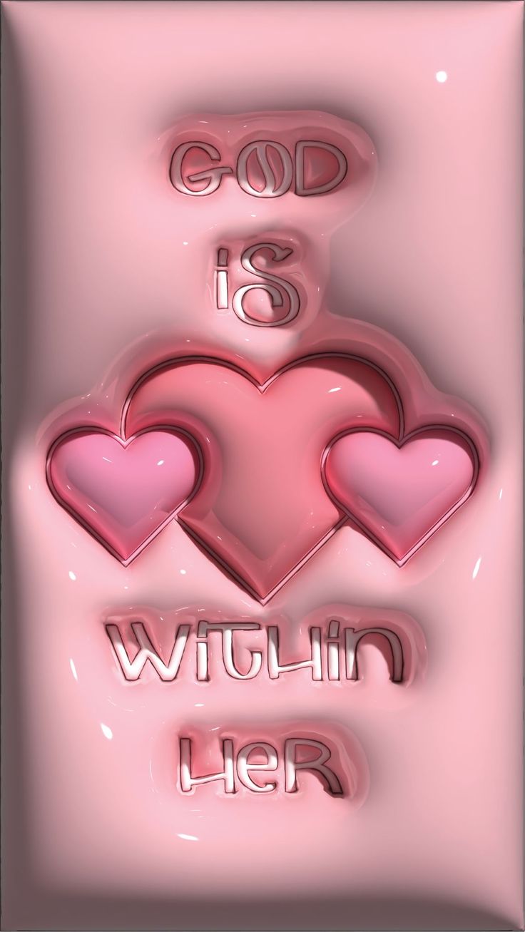 some pink hearts with the words god is within her written in silver letters on a pink background