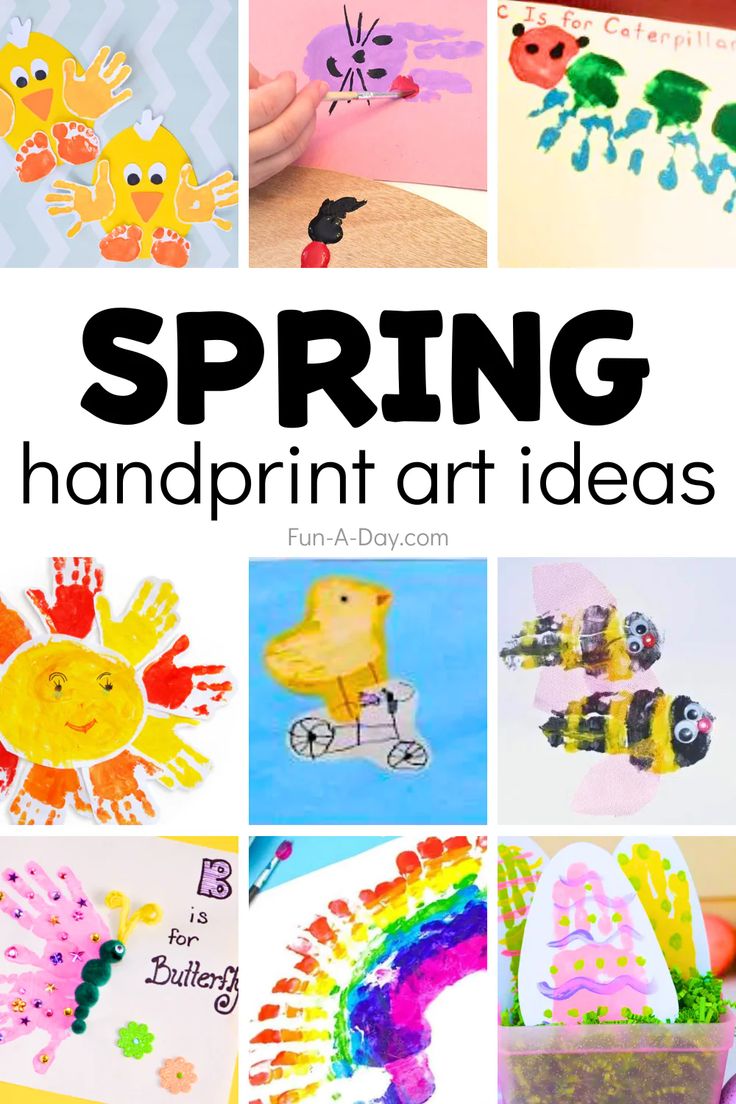 the words spring handprint art ideas are in front of pictures of children's hands and