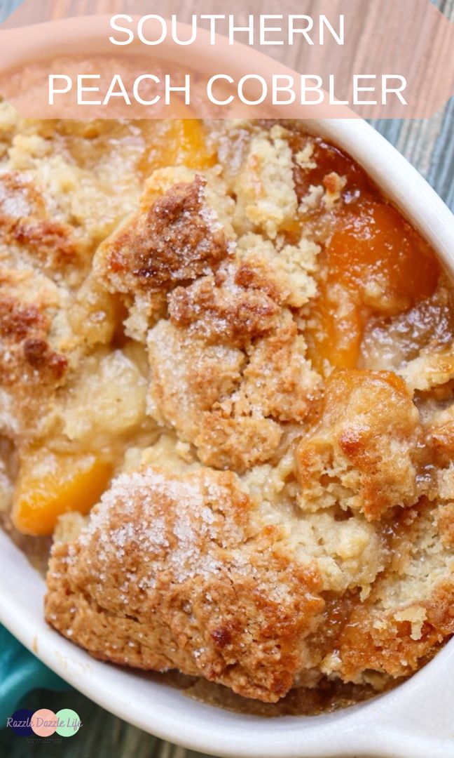 peach cobbler in a white bowl with the words southern peach cobbler