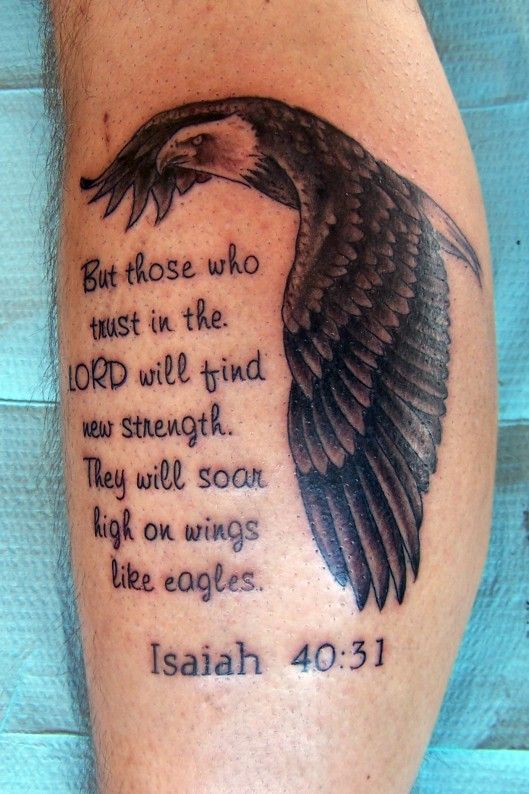 an eagle with the bible verse on it's arm and wings in black ink