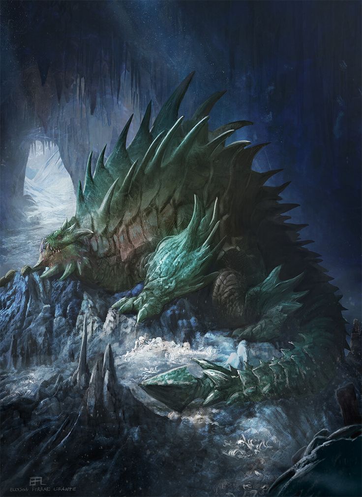 a large green dragon sitting on top of a pile of ice