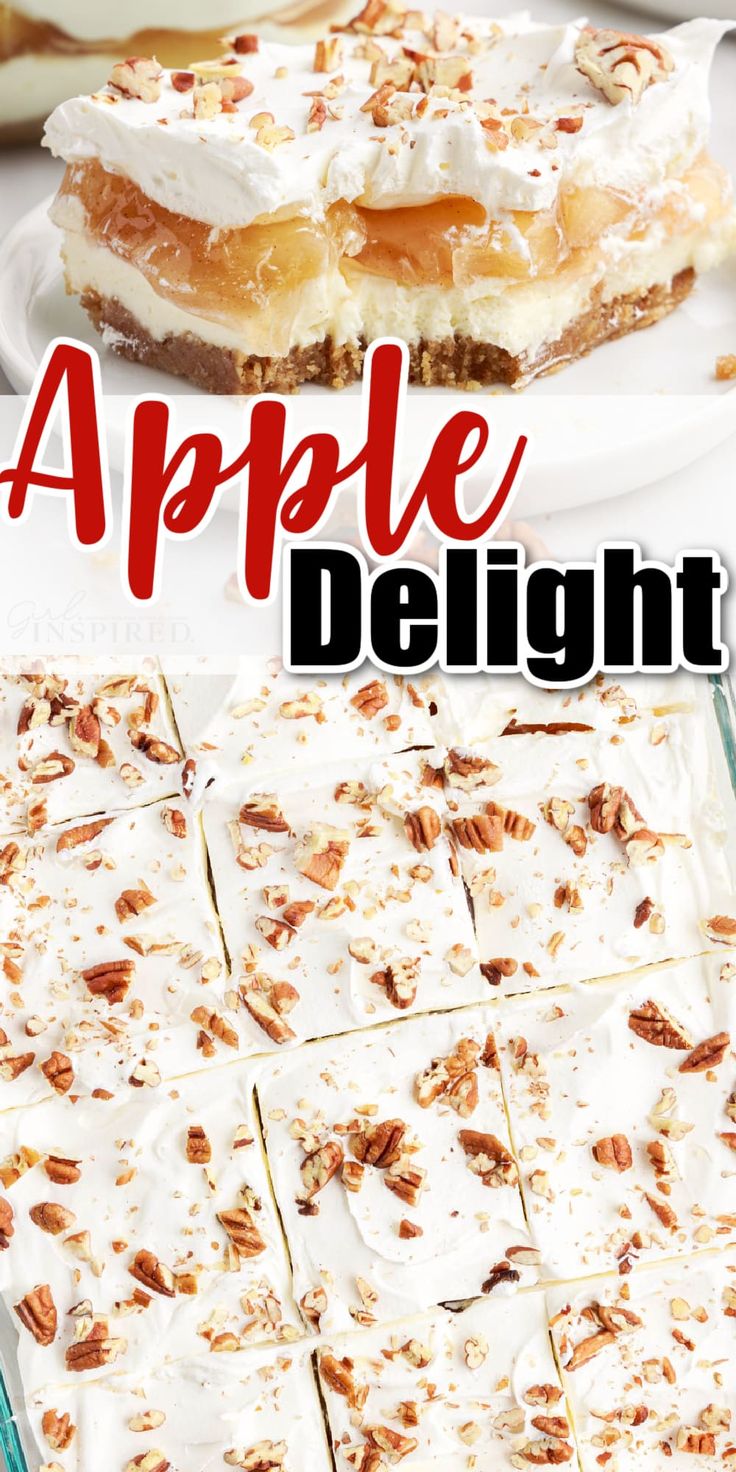 an apple delight dessert with white frosting and pecans on top, is shown