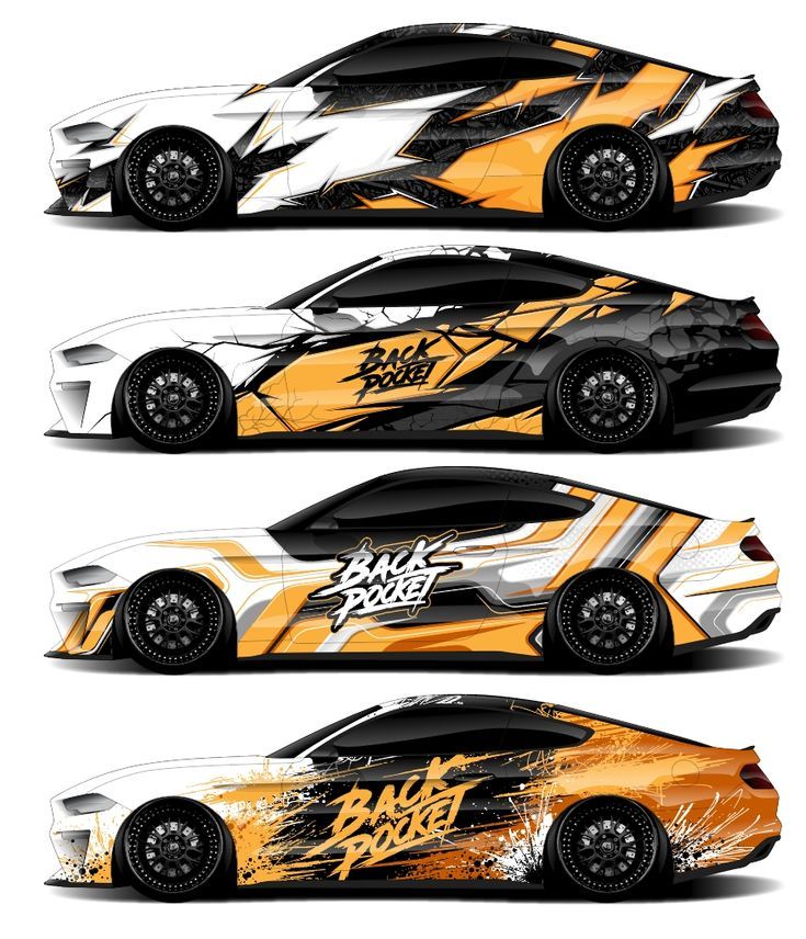 the front and back view of a car with orange flames on it, in three different views