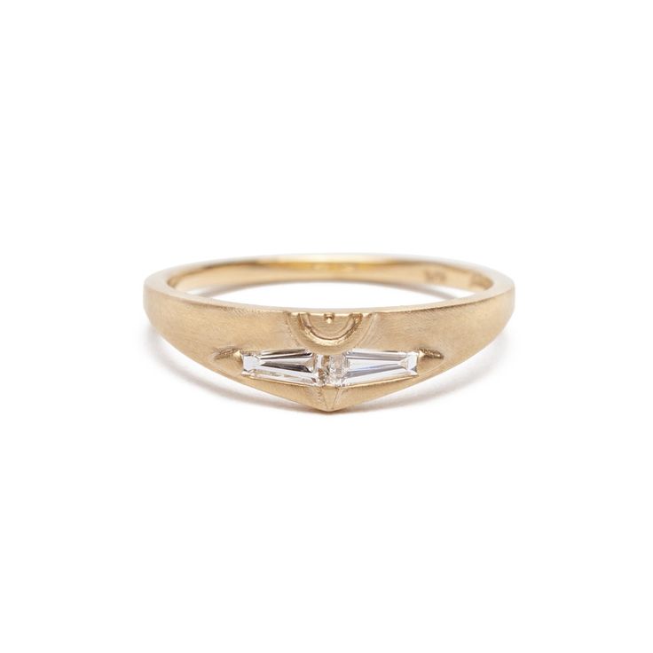 With its modern design and unusual details, the Spero diamond ring makes a great non-traditional engagement ring or diamond wedding band, or to mark a special occasion. Two sparkling tapered baguette diamonds are set in 14K yellow gold and connect to form a unique shape. Made to be matched, the Spero ring’s semicircle carving creates a full circle when paired with the Amandi Ring. Add to this set at once or at a later date by getting the Basio Ring which fits neatly next to the Spero's contoured Engagement Ring Non Traditional, Traditional Engagement, Ring Inspo, Traditional Engagement Rings, White Diamond Ring, Baguette Diamonds, Ring Ideas, Full Circle, Engagement Ring Wedding Band