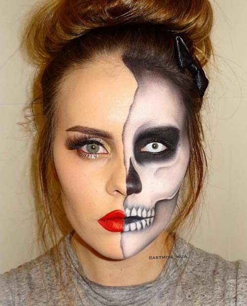 Half-Faced Skeleton Makeup                                                                                                                                                                                 More Half Skeleton Face, Skeleton Makeup Ideas, Easy Skeleton Makeup, Halloween Skeleton Makeup, Pelottava Halloween, Make Up Diy, Makeup Clown, Halloweenský Makeup, Halloween Make-up Looks