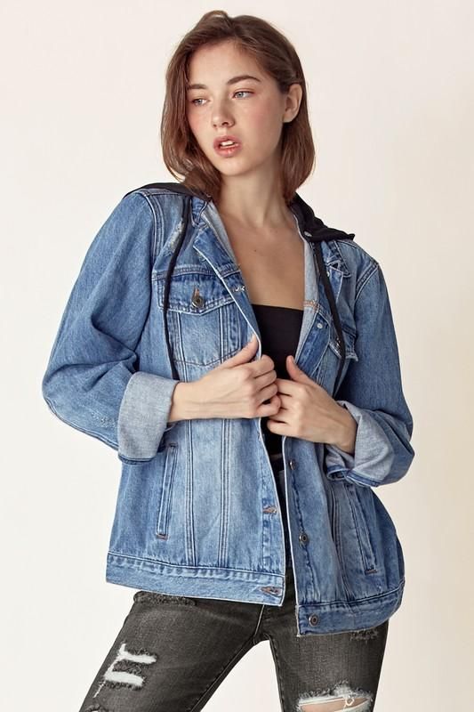 DISTRESSED JACKET WITH DETACHABLE HOODIE – Mota Boutique Hooded Denim Jacket With Pockets For Spring, Spring Hooded Denim Jacket With Pockets, Trendy Hooded Denim Jacket With Pockets, Winter Denim Hooded Jacket, Denim Long Sleeve Hooded Jacket For Spring, Oversized Hooded Denim Outerwear, Trendy Hooded Denim Jacket For Winter, Denim Blue Denim Hoodie For Winter, Denim Blue Hoodie With Pockets For Fall