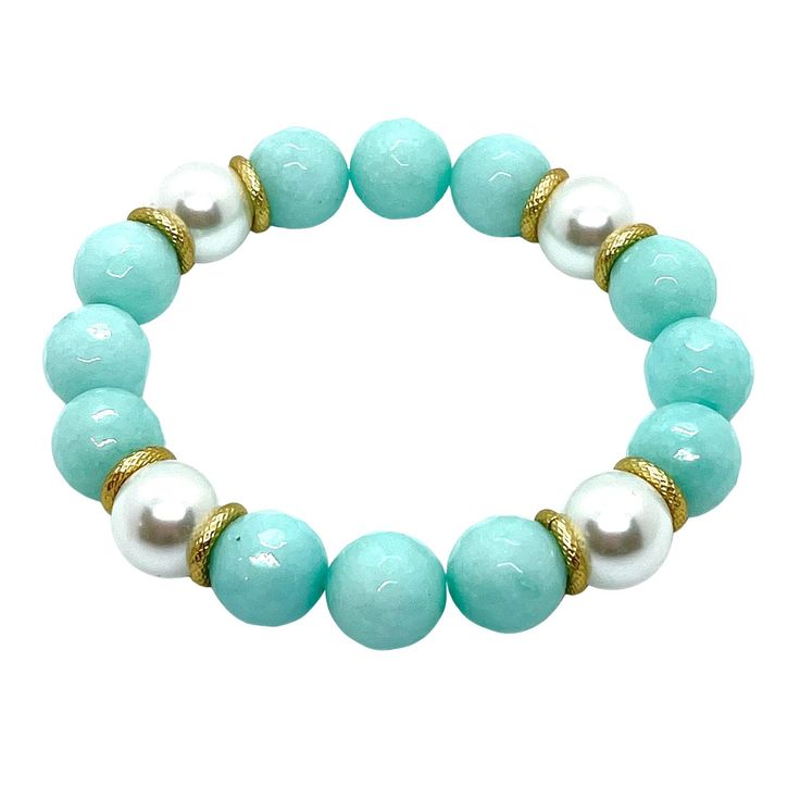 Aqua Jade And Glass Pearl Stretch Bracelet Measures: One Size Fits Most Finish Matte Gold 18KT Gold Plated Made In the USA Style Number: DB574 Elegant Turquoise Beaded Stretch Bracelet, Elegant Round Faceted Stretch Bracelet, Elegant Round Stretch Bracelet, Elegant Turquoise Stretch Bracelet As A Gift, Elegant Turquoise Stretch Bracelet As Gift, Elegant Turquoise Crystal Bracelet For Party, Elegant Turquoise Bracelet For Party, Elegant Turquoise Beaded Bracelets For Party, Elegant Turquoise Faceted Beaded Bracelets