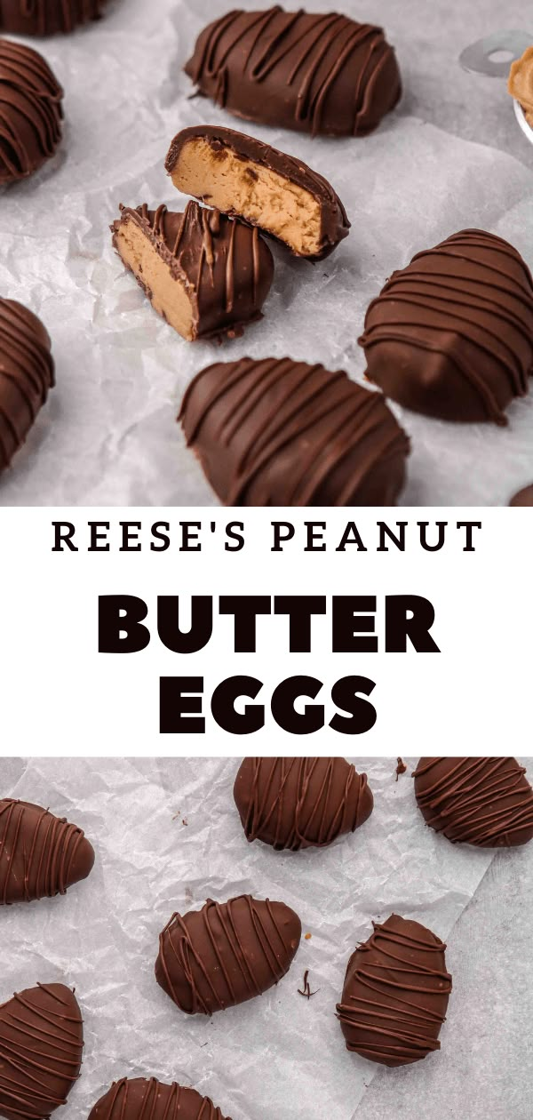 chocolate peanut butter eggs on parchment paper with the words reese's peanut butter eggs