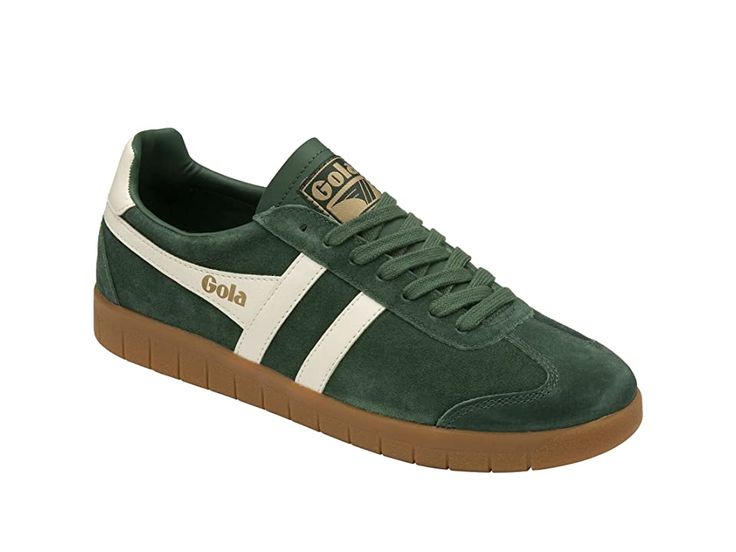 Gola Hurricane Suede - Men's Shoes : Evergreen/Off-White/Gum : Propel your shoe game in the cool Gola Hurricane Suede sneaker featuring a breathable textile lining and lightly cushioned insole. Easy lace-up design and padded tongue. Signature logo detail at tongue, heel and side. Round toe and synthetic sole. Imported. Measurements: Weight: 13 oz Product measurements were taken using size 9, width D - Medium. Please note that measurements may vary by size. Weight of footwear is based on a single Green Lace-up Running Shoes With Rubber Sole, Green Sneakers With Laces For Jogging, Athleisure Lace-up Skate Shoes With Gum Sole, Athleisure Skate Shoes With Round Toe, Green Lace-up Sneakers For Jogging, Green Lace-up High-top Sneakers For Jogging, Comfortable Sneakers With Boost Midsole And Round Toe, Casual High-top Sneakers With Gum Sole For Sports, Sporty Lace-up Skate Shoes With Rubber Sole