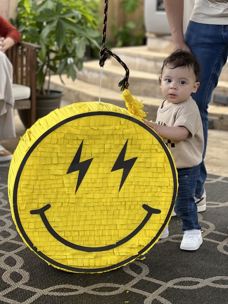 One Cool Dude First Birthday Party Ideas, One Happy Dude Pinata, Happy Face First Birthday, Track Decorations, Rad Birthday Theme, Smiley Face Pinata, One Happy Dude Balloon Backdrop, 5 Is A Vibe Birthday Party Boy, Five Is A Vibe Birthday Party Boy