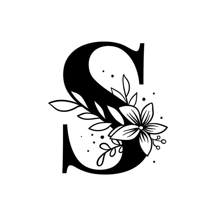 the letter s with flowers and leaves on it's uppercase is shown in black