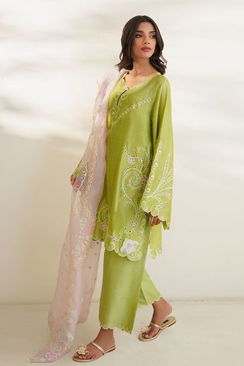 Arina Eid Cotton Silk Sets With Cutdana Detail, Pink Printed Sets For Eid, Eid Ankle-length Sets With Printed Motifs, Eid Floral Print Tunic Kurta, Eid Tunic Sets With Printed Motifs, Boutique Dress Designs, Organza Dupatta, Silk Dupatta, Green Shirt