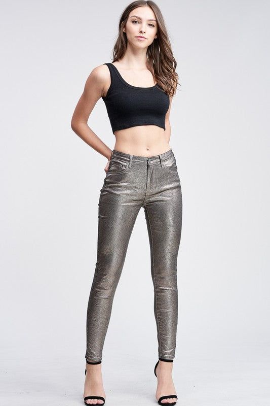 Metallic Silver Scale Pants - Hippie Vibe Tribe Trendy High Stretch Cotton Pants, High Stretch Cotton Trendy Pants, High Stretch Cotton Pants, Trendy Style, Casual Jeans For Night Out, Edgy Cotton Pants With Five Pockets, Trendy Tight Straight Leg Pants, Trendy High Rise Slim Fit Bottoms, Trendy Slim Fit Pants For Fall, Non-stretch Edgy Cotton Pants