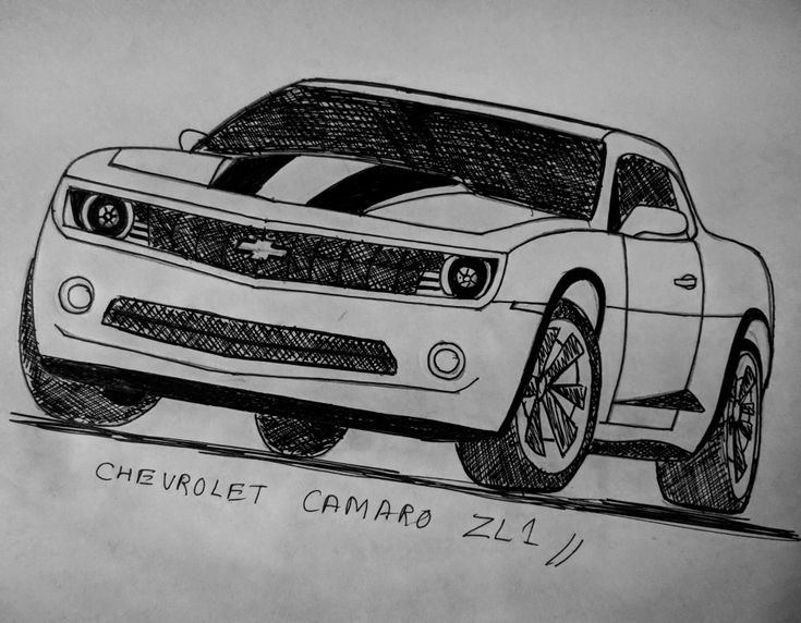 a drawing of a chevrolet camaro zl7 car in black and white ink