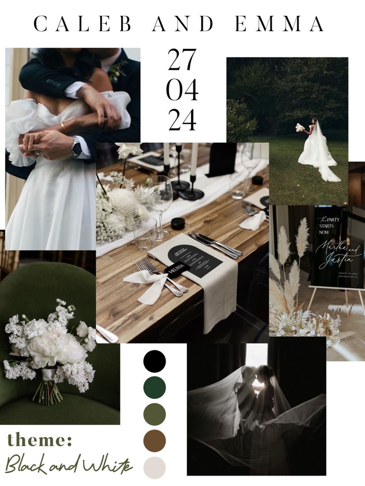 a collage of wedding photos with white flowers and greenery on the table in front of them