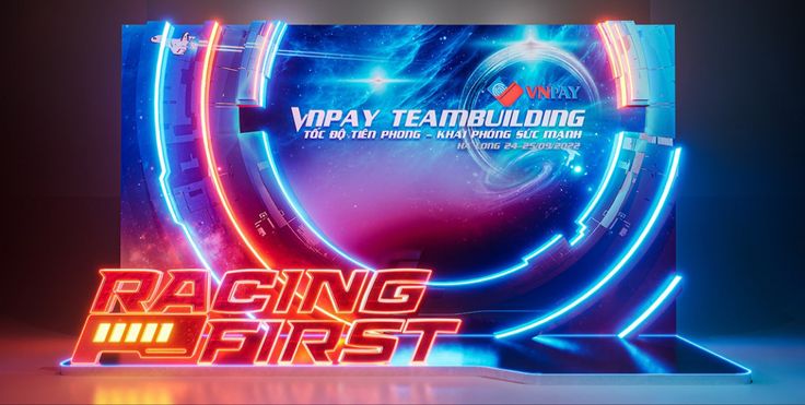 an advertisement for racing first with neon lights on the front and back side of it