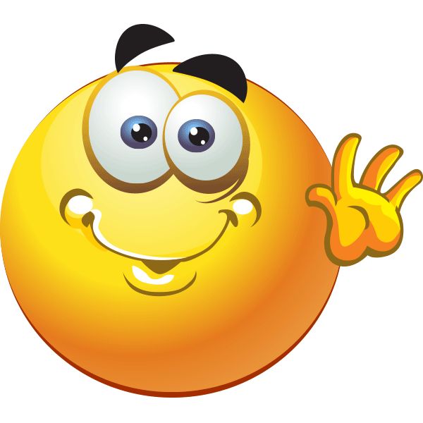 an emoticive smiley face with one hand up and two fingers in the air