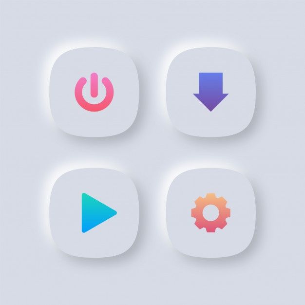 four different colored buttons with arrows and symbols in them on a white background, including an arrow