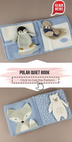 two crocheted polar bear and penguin book covers with text that reads, polar quiet book click to get the pattern