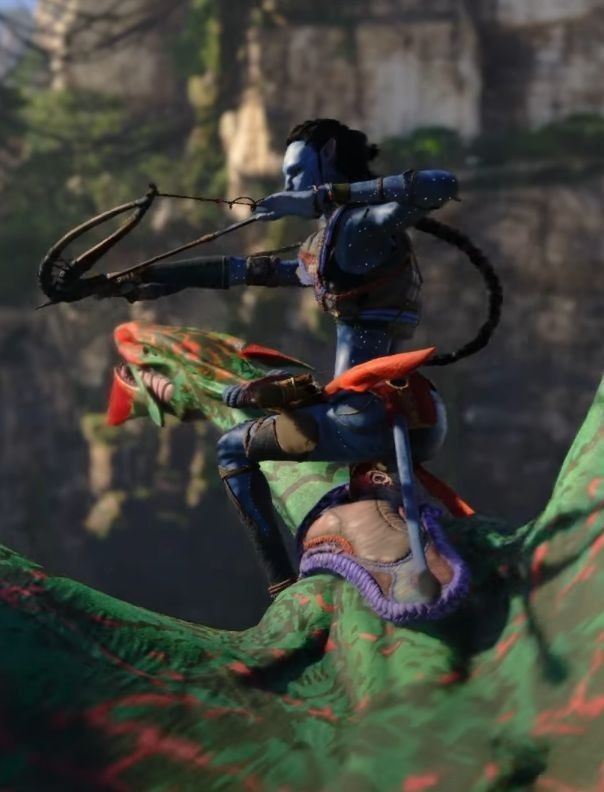 a person riding on the back of a green and red dragon with an arrow in their hand