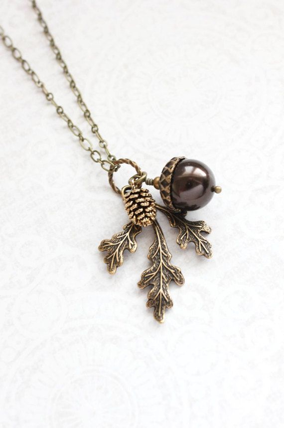 Brown Pearl Pendant Necklace Pearl Acorn Charm Nature Inspired Pinecone Branch Leaf Rustic Oak Woodl Pinecone Acorns, Woodsy Jewelry, Pinecone Necklace, Acorn Leaf, Acorn Pendant, Autumn Jewelry, Wedding Autumn, Acorn Necklace, Branch Necklace