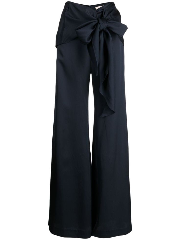 navy blue satin finish bow detailing belted waist high-waisted wide leg concealed rear zip fastening straight hem floor-length Pants With Bow, Satin Belt, Fashion School, Belted Pants, Indo Western, Blue Satin, School Fashion, High Waisted Trousers, High Waisted Pants